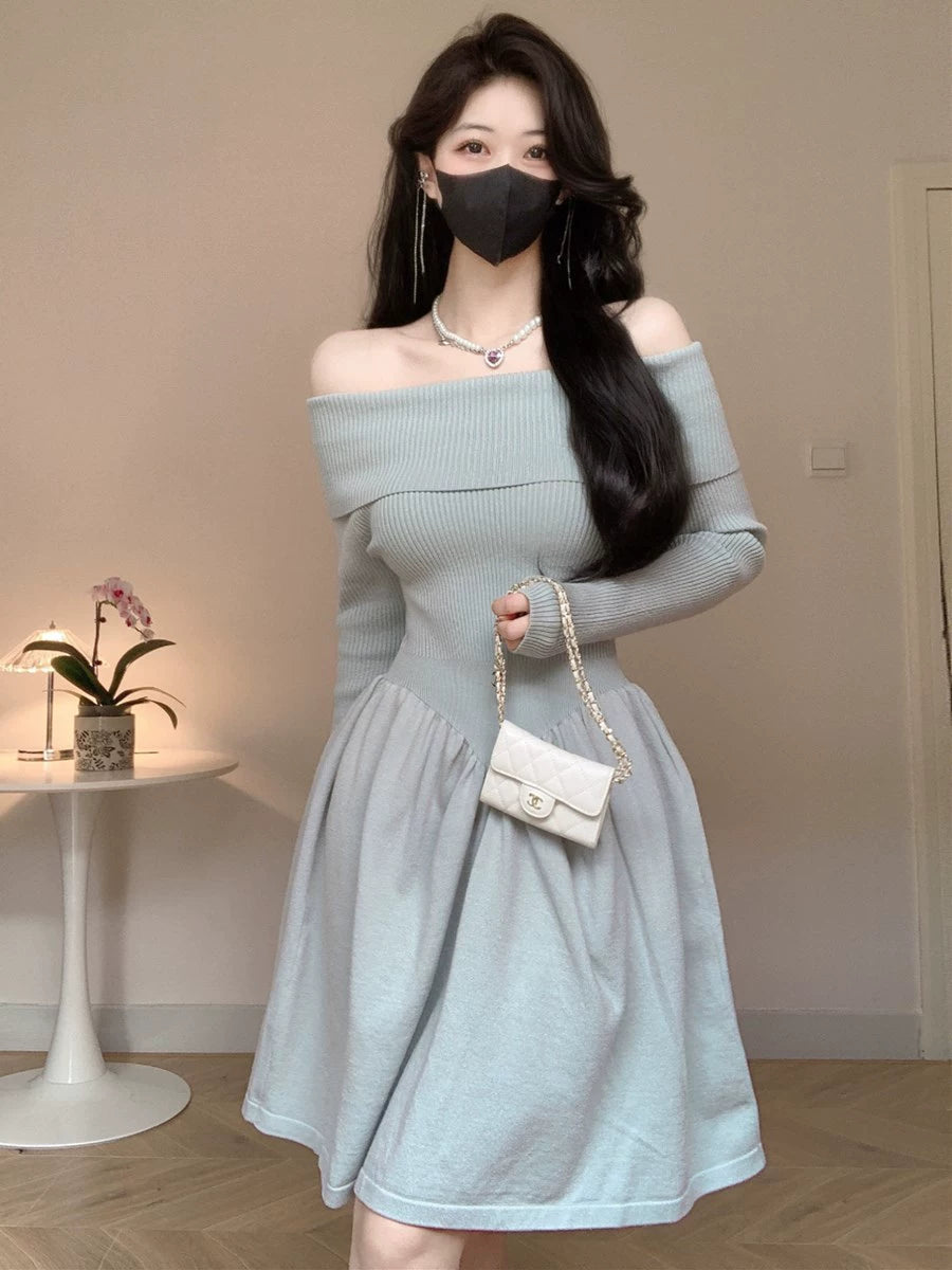 Amy's Shop Foreign Trade Quality Knitted Autumn and Winter Slim fit off-Shoulder off-Shoulder Sexy Knit sweater A- line Skirt Short dress Women